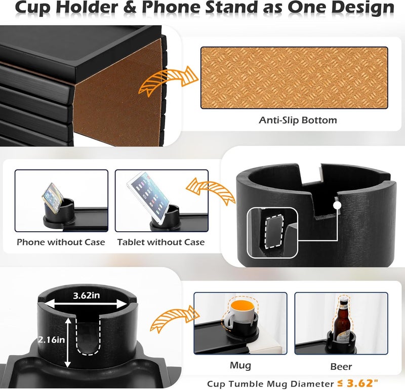GHKINMAL Couch Cup Holder Tray, 3 in 1 Large Couch Arm Trays,Bamboo Chair Clip on Tray with 360° Ratated Phone Holder for Couch,Armrest Tray for Snacks,Remote,Phone - Image 4